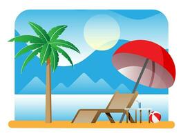 Landscape of chaise lounge or sunlounger, palm tree on beach. Umbrella and table with glass. Sun with reflection in water, clouds. Day in tropical place. Minimalist design. Flat vector