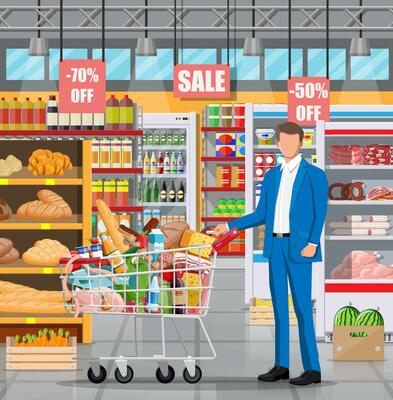 Supermarket store interior with goods. Big shopping mall. Interior store inside. Checkout counter, cash machine, grocery, drinks, food, fruits, dairy products. Vector illustration in flat style