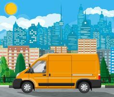 Orange delivery van at cityscape background. Express delivering services commercial truck. Concept of fast and free delivery by car. Cargo and logistic. Cartoon flat vector illustration