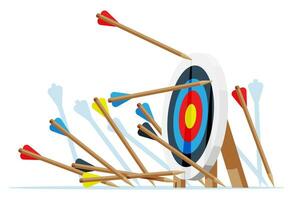 Many arrows missed target mark. Multiple failed inaccurate attempts arrows to hit target. Business challenge failure, shot miss, failed achievement or goal. Flat vector illustration