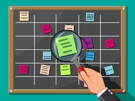 Scrum board and magnifying glass. Bulletin board hanging on wall full of tasks on sticky note cards. List of event for employee. Development, team work, agenda, to do list. Flat vector illustration