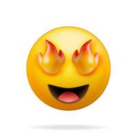 3D Yellow Excited Fire Eyed Emoticon Isolated. Render Laughing Star Fire Eye Emoji. Happy Face LOL. Communication, Web, Social Network Media, App Button. Realistic Vector Illustration