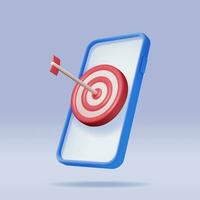 3D Target with Arrow in Center on Smartphone Screen. Render Dartboard with Arrow and Phone. Goal Setting. Smart Goal. Business or Finance Target Concept. Achievement and Success. Vector Illustration