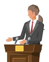 Orator speaking from tribune. Public speaker. Wooden rostrum with microphones for presentation. Stand, podium for conferences, lectures debates. Political and ballot. Flat vector illustration