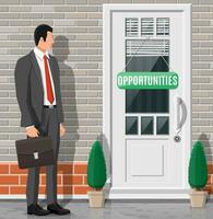 Businessman standing in front of closed door. Solution, winning, future, business success concept. Open door of big opportunities. Achievement and goal. Flat vector illustration