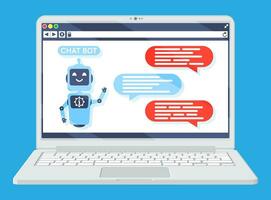 Laptop with Chat Bot Speak in Bubble on Screen. Robot with Speech Window. Chatbot Greets. Online Support Bot. Artificial Intelligence, AI Helper Service and Support Assistant. Flat Vector Illustration