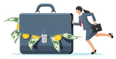 Businesswoman pushes huge briefcase with money. Business woman pushing big suitcase full of cash. Dollar banknotes and gold coins in case. Theft or bribery concept. Vector illustration in flat style.