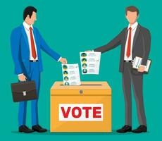 Business people putting document with candidates in ballot box. Hand with election bill. Vote paper with faces. Vector illustration in flat style