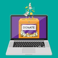 Donate online concept. Donation box with golden coins, dollar banknotes and laptop. Charity, donate, help and aid concept. Vector illustration in flat style