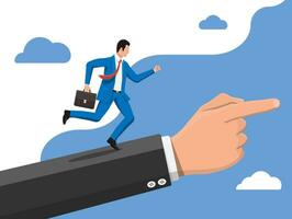 Businessman on hand ladder is fast running with waving necktie and briefcase. Teamwork concept. Time management. Business man rushing hurry to get on time. Time is money. Flat vector illustration