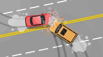 Road accident between two cars. Vehicle collision on grey background. Broken wings and bumpers, crashed windows. Top view. Traffic regulations. Rules of the road. Vector illustration in flat style