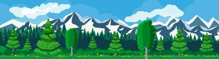 Landscape of mountains and meadow flowers. Summer nature landscape with rocks, forest, grass, flower, sky and clouds. National park. Vector illustration in flat style