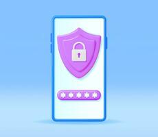 3D Mobile Phone with Shield Lock on the Screen. Render Smartphone with Padlock. Concept of Mobile Security, Data Protection and Confidentiality. Safety, Encryption and Privacy. Vector Illustration