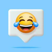 3D Yellow Laugh Emoticon with Tears in Chat Bubble. Render Laughing to Tears Smiling Emoji. Happy Lots of Laugh Face LOL. Communication, Web, Social Network Media, App Button. Vector Illustration