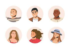 Different People Avatars. Set of Circle User Portraits. Male and Female Characters. Man and Woman in Trendy Outfit. Guys and Girls with Different Hairstyles and Ethnicities. Flat Vector Illustration