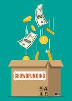 Cardboard box and money. Funding project by raising monetary contributions from people. Crowdfunding concept, startup or new business model. Vector illustration in flat style
