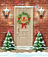 Christmas door decoration. Entrance to suburban house decorated with wreath, bells, garland lights. Holiday greetings. Snowflakes, snowdrifts. New year and xmas celebration. Flat vector illustration