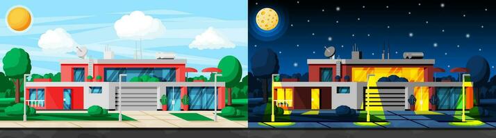 Landscape with Residential Cottage or Countryside Building Exterior. Day and Night Cycle. Facade with Trees and Garden at Front Yard. Modern Suburban House. Cartoon Flat Vector Illustration