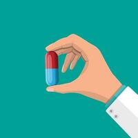 Big pill for illness and pain treatment in hand of doctor. Medical drug, vitamin, antibiotic. Healthcare and pharmacy. Vector illustration in flat style