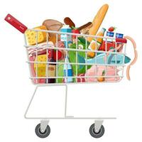 Shopping cart with fresh products. Grocery store supermarket. Food and drinks. Milk, vegetables, meat, chicken cheese, sausages, salad, bread cereal steak egg. Vector illustration flat style