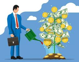 Businessman watering money coin tree with can. Growing money tree. Investment, investing. Gold coins and dollar banknotes on branches. Symbol of wealth. Business success. Flat vector illustration.