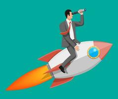 Successful businessman with spyglass flying on rocket. Launch of space ship with business man. New idea or start up. Development of startup, career ladder. Vector illustration in flat style