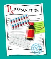 Prescription rx, pills, capsules for illness and pain treatment. Taking medication concept. Medical drug, vitamin, antibiotic. Healthcare and pharmacy. Vector illustration in flat style