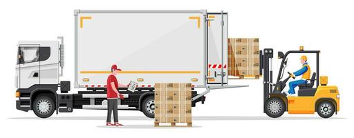 Forklift loading pallet boxes into truck. Warehouseman with checklist. Electric uploader loading cardboard boxes in delivery car. Logistic shipping cargo. Storage equipment. Flat vector illustration