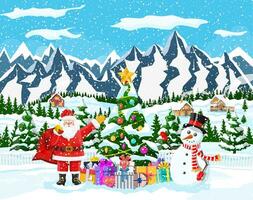 Christmas background. Santa claus with bag with gifts. Winter landscape with fir trees forest and snowing. Village. Happy new year celebration. New year xmas holiday. Vector illustration flat style