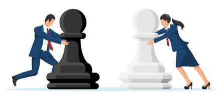 Man and Woman Competing with Chess Pieces. Goal Setting. Smart Goal. Business Target, Strategy, Competition, Management Concept. Achievement and Success. Vector Illustration in Flat Style