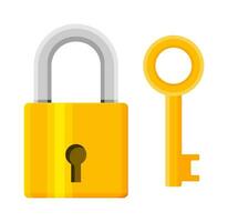 Metal padlock with key. Pad lock with keyring. Protection, security and defence. Vector illustration in flat style