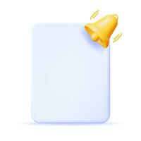 3D Notification Popup with Bell Icon. Golden Render Ringing Bell. Gold School Bell and Chat Cloud Mockup. Alert and Alarm Symbol. Social Media Network Notification Reminder. Vector Illustration