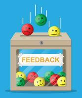 Rating box. Reviews smiles faces. Testimonials, rating, feedback, survey, quality and review. Vector illustration in flat style