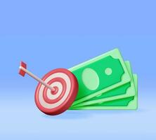 3D Stacks of Dollars and Target with Arrow Isolated. Render Dartboard with Arrow and Cash Money. Business or Finance Target Concept. Targeting Audience. Achievement and Success. Vector Illustration