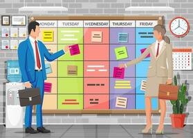 Scrum agile board, business people. Bulletin board hanging on wall full of tasks on sticky note cards. List of event for employee. Development, team work, agenda, to do list. Flat vector illustration