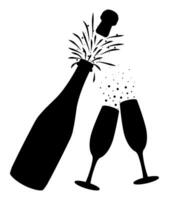 Silhouette of champagne bottle opening with pop, cork flying. Champagne explosion, bottle pop, fizz. Concept of drinking party, birthday, wedding, christmas, new year celebration. Vector illustration