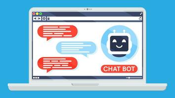 Laptop with Chat Bot Speak in Bubble on Screen. Robot with Speech Window. Chatbot Greets. Online Support Bot. Artificial Intelligence, AI Helper Service and Support Assistant. Flat Vector Illustration