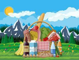 WIcker picnic basket full of products. Wine, sausage, bacon and cheese, apple, tomato, cucumber, salad, orange juice. Grass, flowers, sky with clouds and sun. Vector illustration in flat style