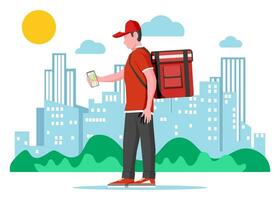 Courier in red uniform receiving the online order on phone. Man with box. Character with backpack parcel. Free and fast shipping and delivery, online order. Vector illustration in flat style