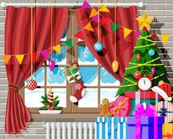 Cozy interior of room with christmas tree. Happy new year decoration. Merry christmas holiday. New year and xmas celebration. Winter landscape, snow, village. Cartoon flat vector illustration.