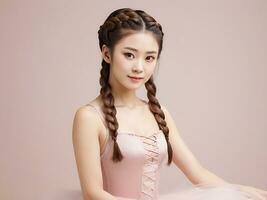 AI generated Womens day portrait of beautiful japanese women with french braid wearing ballet dress, simple studio background photo