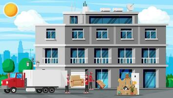 Moving to New House. Family Relocated to New Home. Male Mover, Paper Cardboard Boxes Near House, Delivery Truck. Package for Transportation. Household Items and Furniture. Flat Vector Illustration
