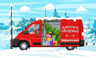 Christmas Delivery Van Truck in Town. Delivery Man in Santa Claus Hat. Happy New Year Decoration. Merry Christmas Holiday. City Covered Snow. New Year and Xmas Celebration. Flat Vector Illustration