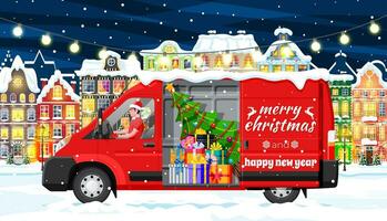 Christmas Delivery Van Truck in Town. Delivery Man in Santa Claus Hat. Happy New Year Decoration. Merry Christmas Holiday. City Covered Snow. New Year and Xmas Celebration. Flat Vector Illustration