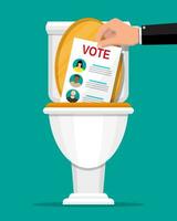 Ballot paper with candidates. Hand puts election bill in toilet. Destruction of electoral documents. Candidate against all. Vector illustration in flat style