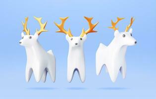 3D Set of Christmas Deer Statue Isolated. Render Collection of Ceramic Deer Figurine. Cute Deer with Antlers. Happy New Year Reindeer Decoration. New Year and Xmas Celebration. Vector Illustration
