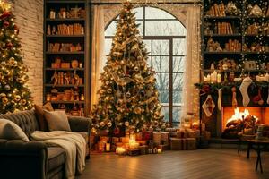 Cosy living room with beautiful christmas tree and red gifts in modern interior. Interior of living room decorated for merry christmas with socks, gift boxes and christmas accessories by AI Generated photo