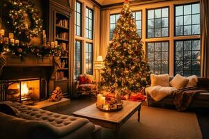 Cosy living room with beautiful christmas tree and red gifts in modern interior. Interior of living room decorated for merry christmas with socks, gift boxes and christmas accessories by AI Generated photo