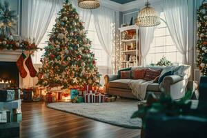 Cosy living room with beautiful christmas tree and red gifts in modern interior. Interior of living room decorated for merry christmas with socks, gift boxes and christmas accessories by AI Generated photo