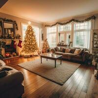 Cosy living room with beautiful christmas tree and red gifts in modern interior. Interior of living room decorated for merry christmas with socks, gift boxes and christmas accessories by AI Generated photo